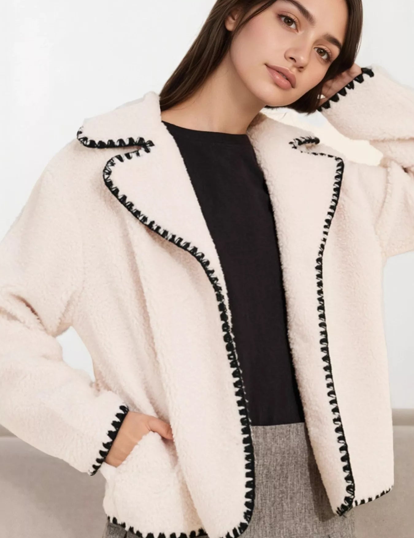 Sherpa Contrast Trim Button Up Jacket | Jackets Daverri Fashions