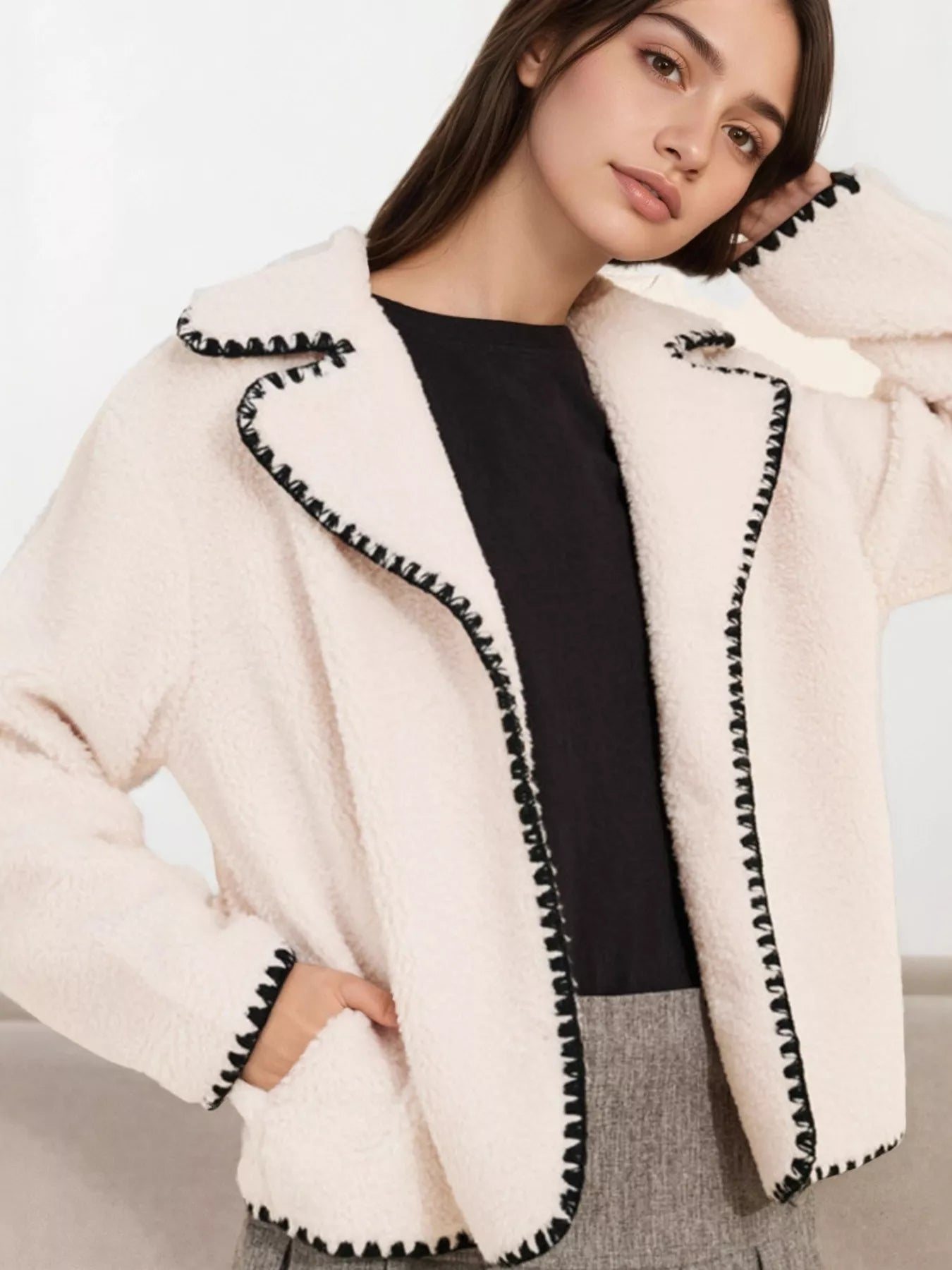 Sherpa Contrast Trim Button Up Jacket | Jackets Daverri Fashions
