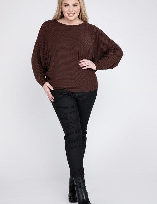 Zenana Plus Batwing Sleeve Knit Top-Casual Comfort Shirts & Tops