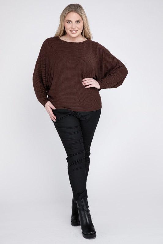 Zenana Plus Batwing Sleeve Knit Top-Casual Comfort Shirts & Tops