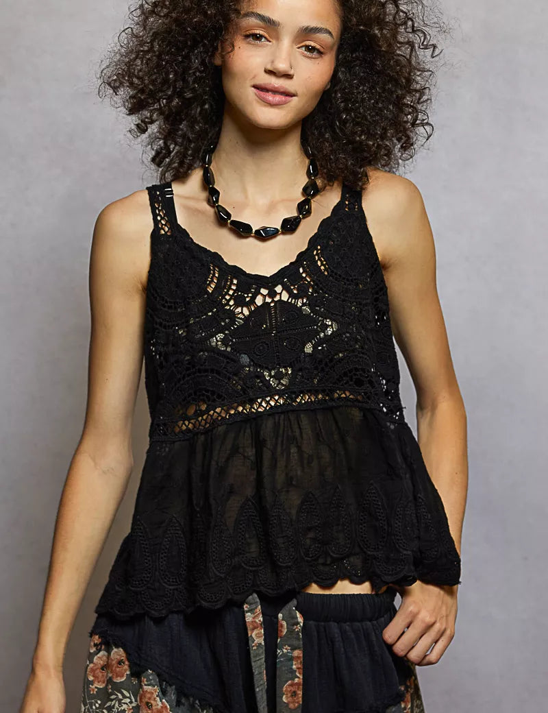 Black One Size POL V-Neck Crochet Tank with Floral Embroidery Detail | Daverri Fashions