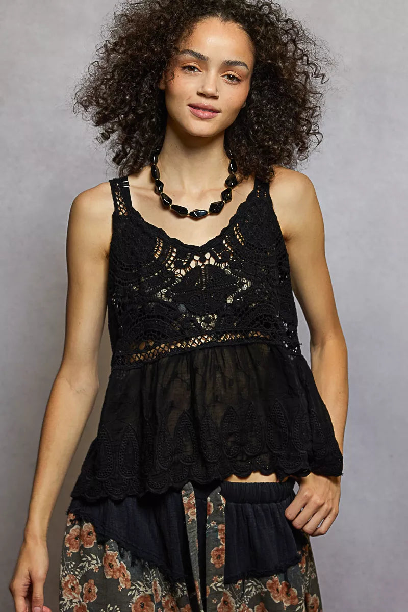 Black One Size POL V-Neck Crochet Tank with Floral Embroidery Detail | Daverri Fashions