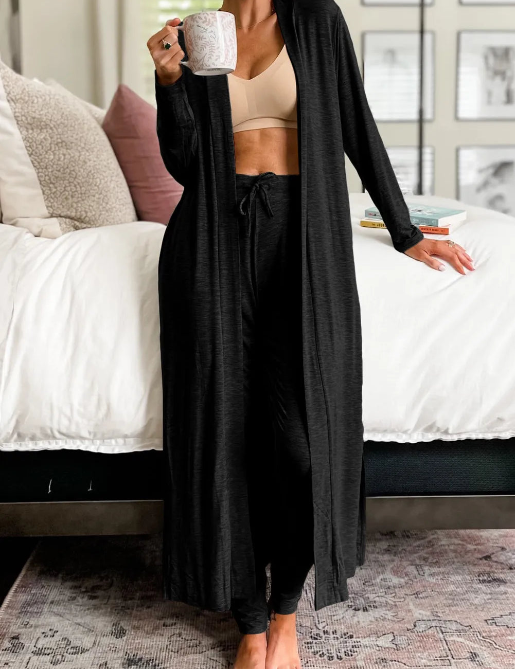 Black Open Front Long Sleeve Cardigan and Pants Lounge Set | Loungewear Sets Daverri Fashions