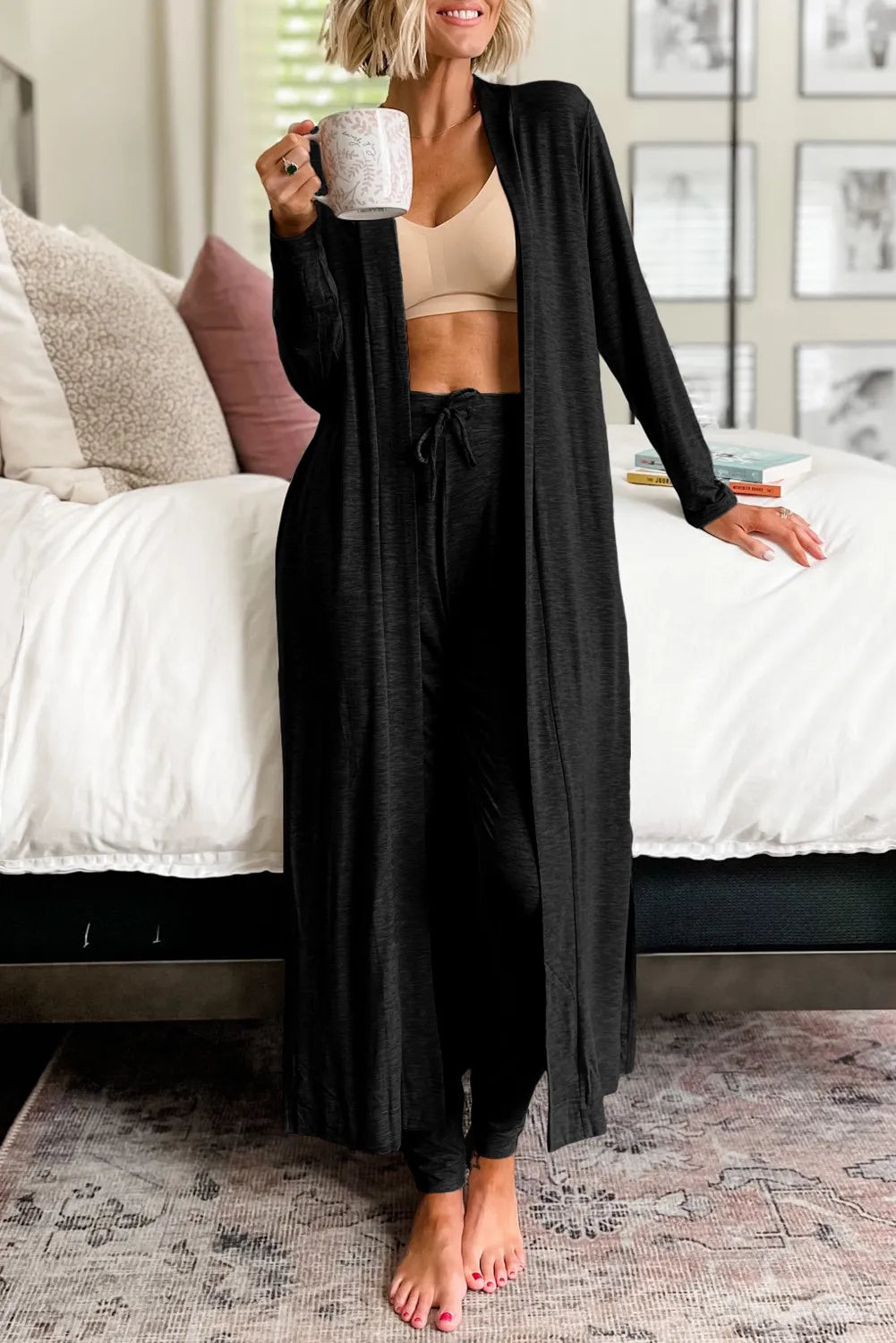 Open Front Long Sleeve Cardigan and Pants Lounge Set Black Outfit Sets