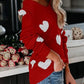 Red off-the-shoulder heart scoop neck long sleeve sweater with white patches and ruffles