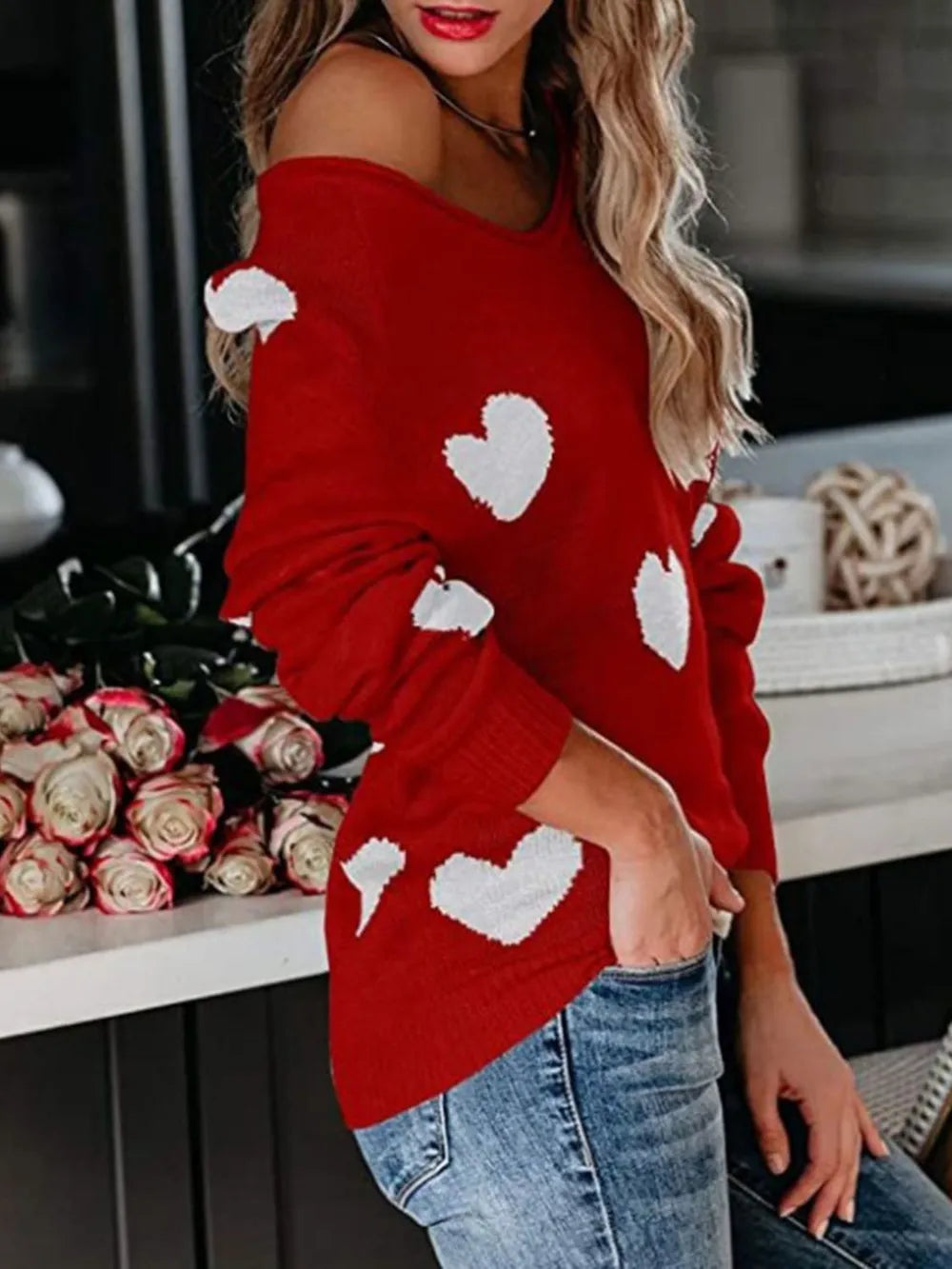 Red off-the-shoulder heart scoop neck long sleeve sweater with white patches and ruffles