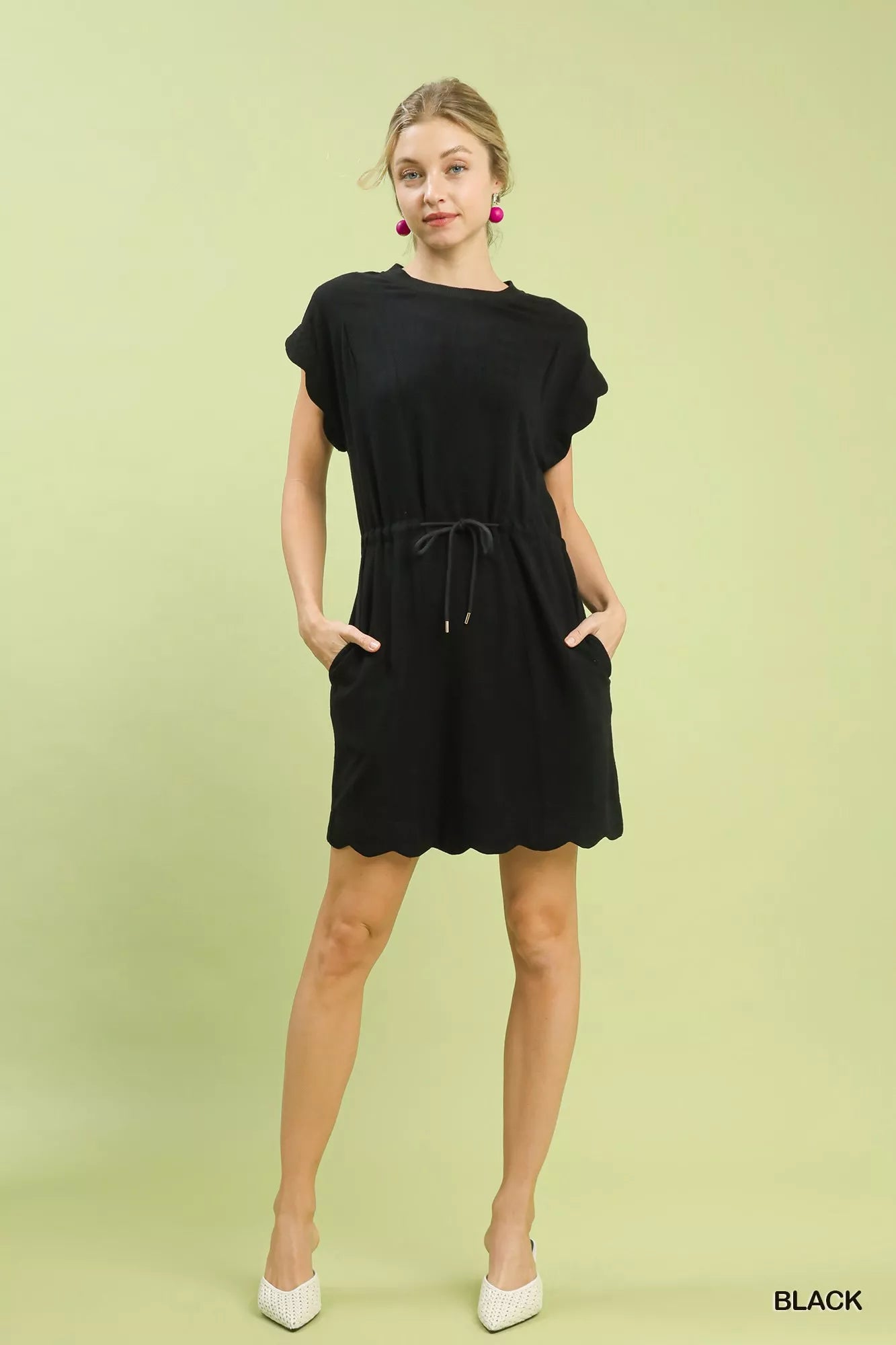Umgee Linen Blend Scallop Hem Mini Dress in black with drawstring waist