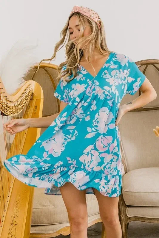 BiBi Floral Crinkle Shirred Ruffle Detail V Neck Dress - DAVERRI FASHIONS