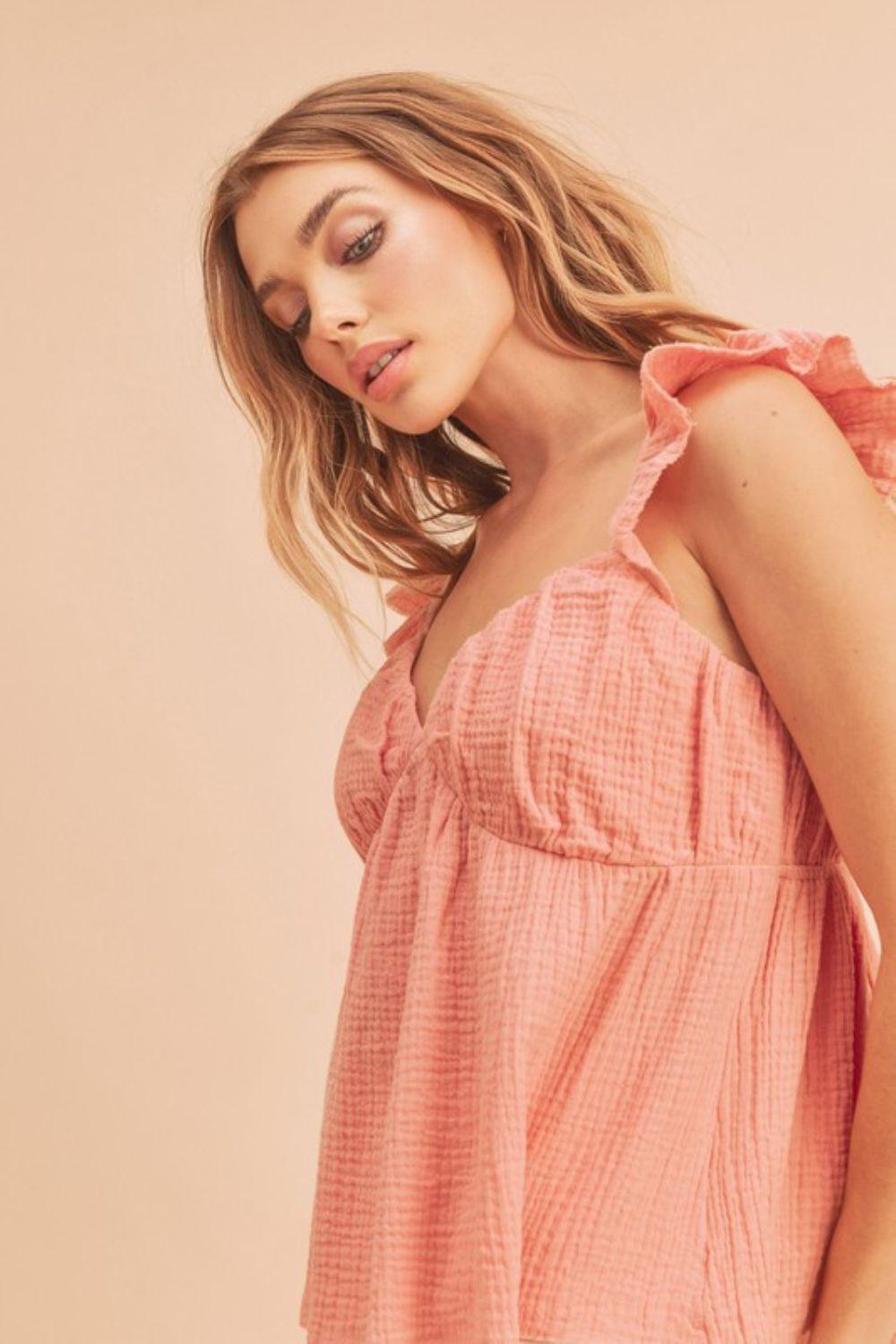 Aemi + Co Sweetheart Neck Ruffled Strap Top Tops