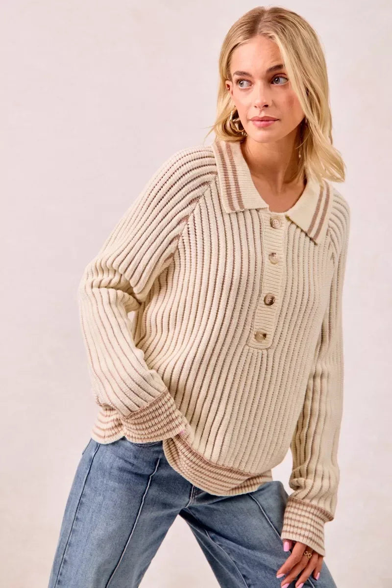 BiBi Half Button Ribbed Two Tone Sweater - DAVERRI FASHIONS