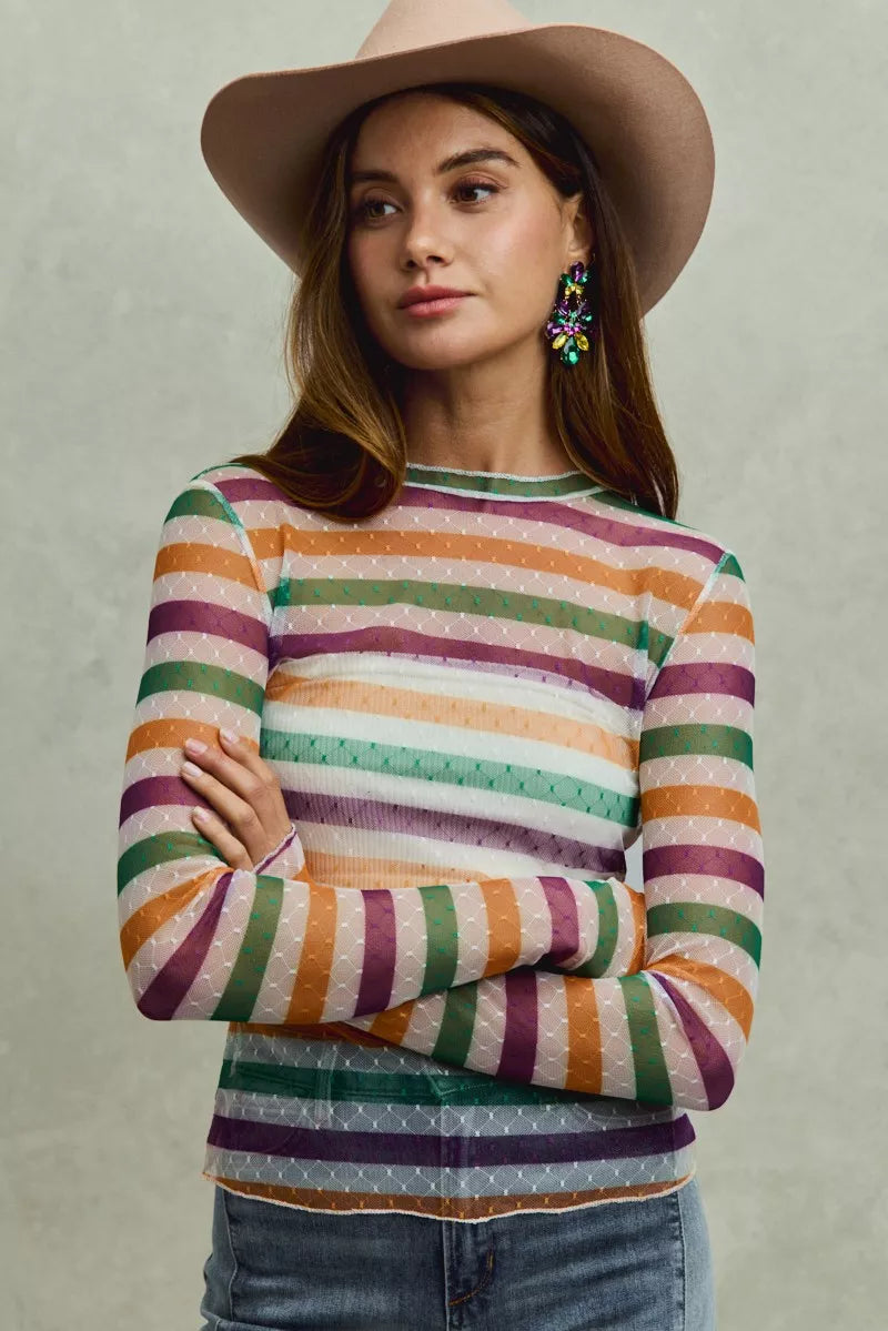 SO ME Mardi Gras Color Stripe Stretch Mesh Top in rainbow hues