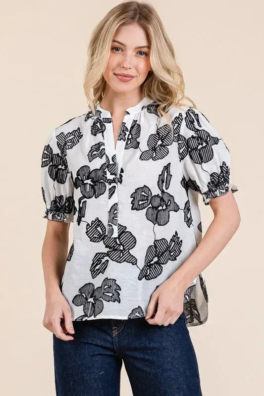 Lime 'N' Chili Embroidered Split Neck Puff Sleeve Blouse - DAVERRI FASHIONS