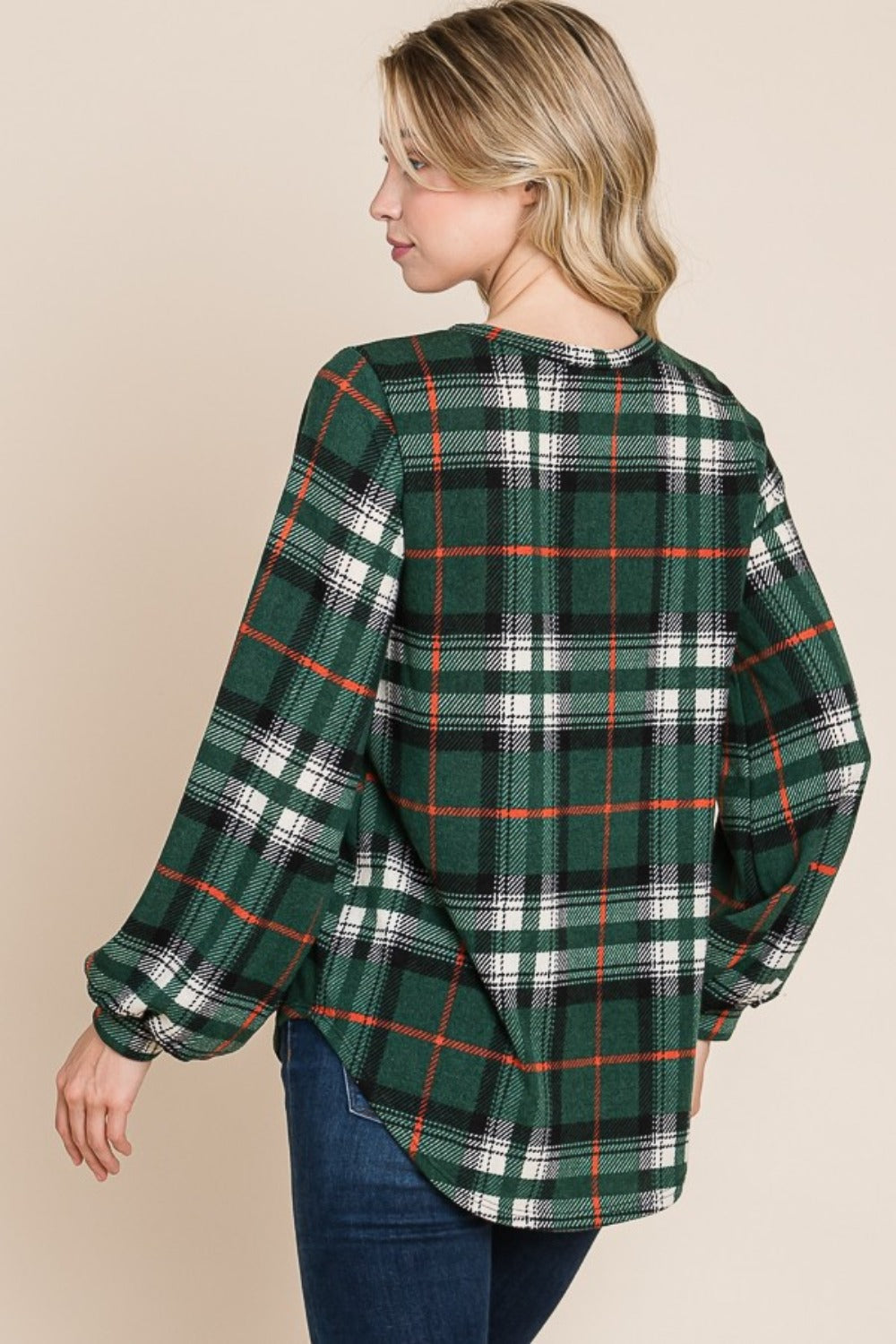 BOMBOM Curved Hem Plaid Round Neck Long Sleeve Top | Tops Daverri Fashions