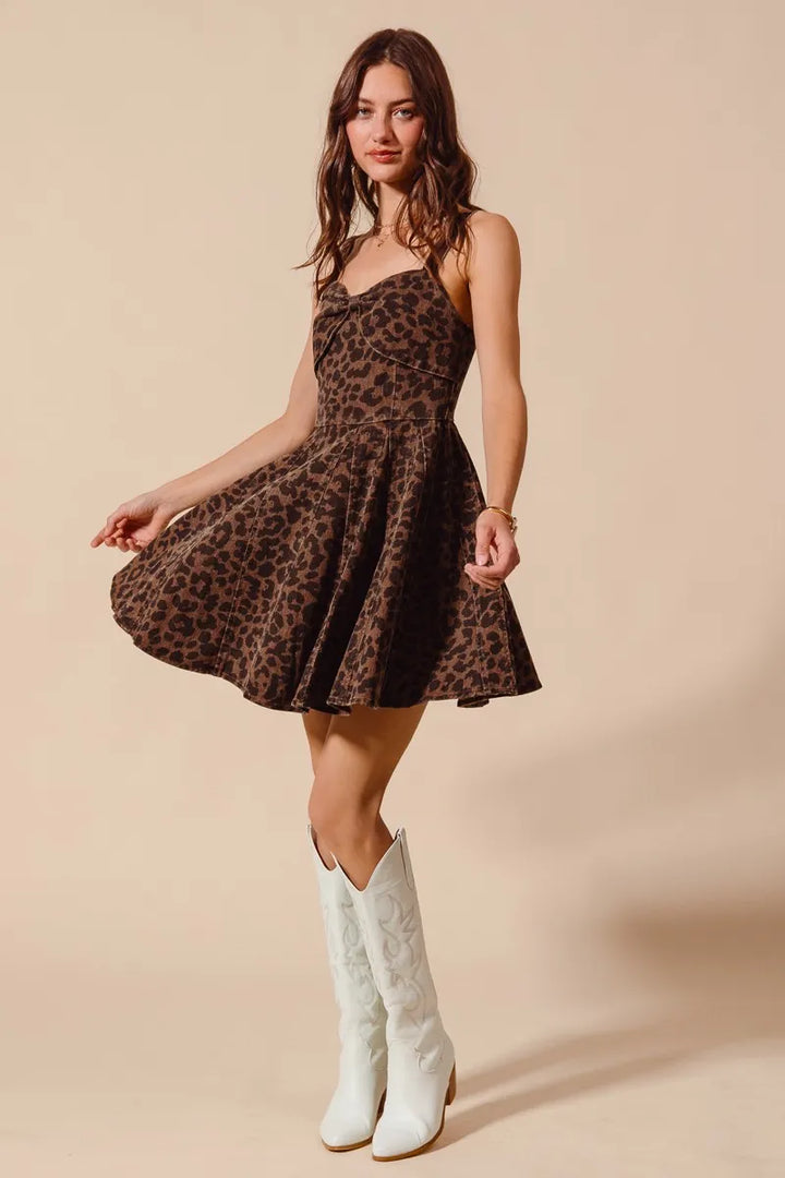 SO ME Mineral Washed Leopard Flare Cami Dress Mini Dresses