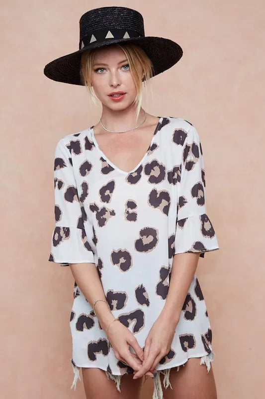 LEOPARD BiBi Leopard Printed V Neck Woven Top with Ruffled | Blouses Daverri Fashions