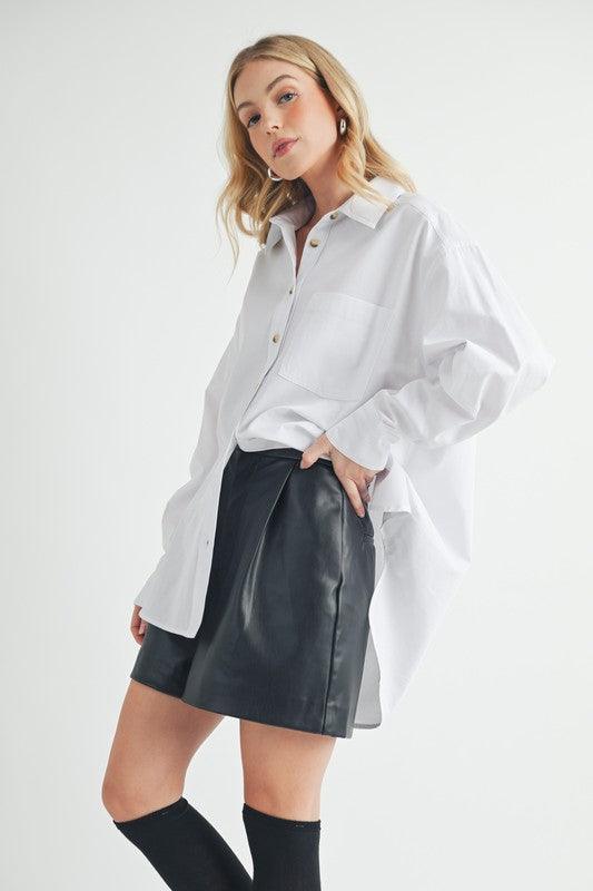 Aemi + Co High-Low Collared Neck Drop Shoulder Shirt - DAVERRI FASHIONS