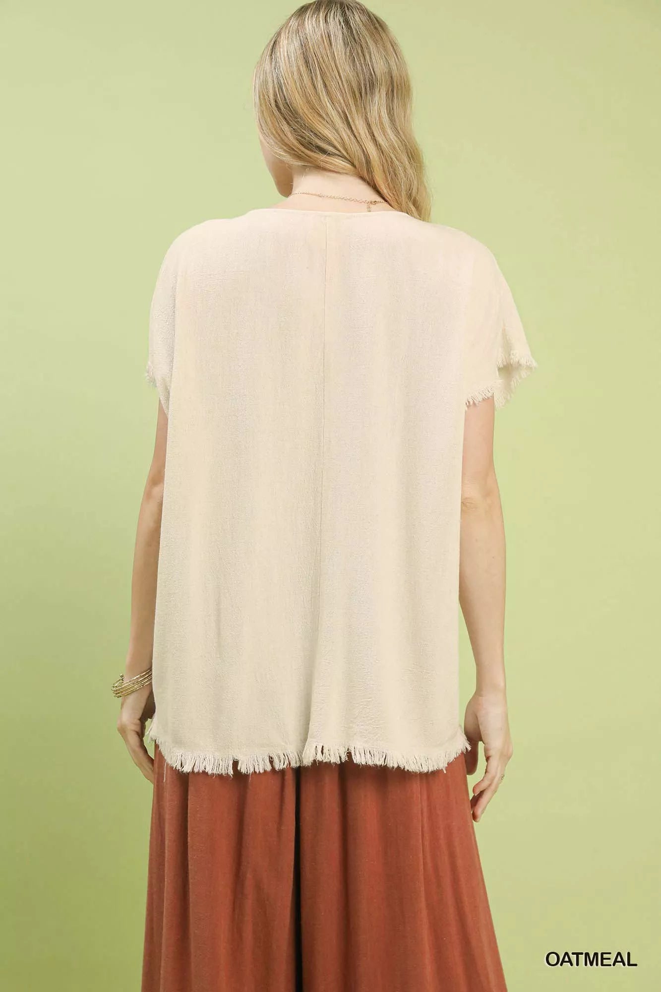 Umgee oatmeal sheer linen blend top with embroidered frayed hem and short sleeves