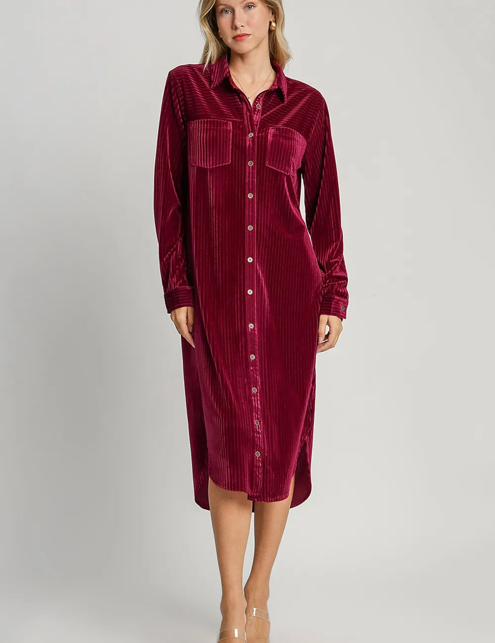 Burgundy Umgee Texture Curved Hem Button Down Shirt Dress | Midi Dresses Daverri Fashions