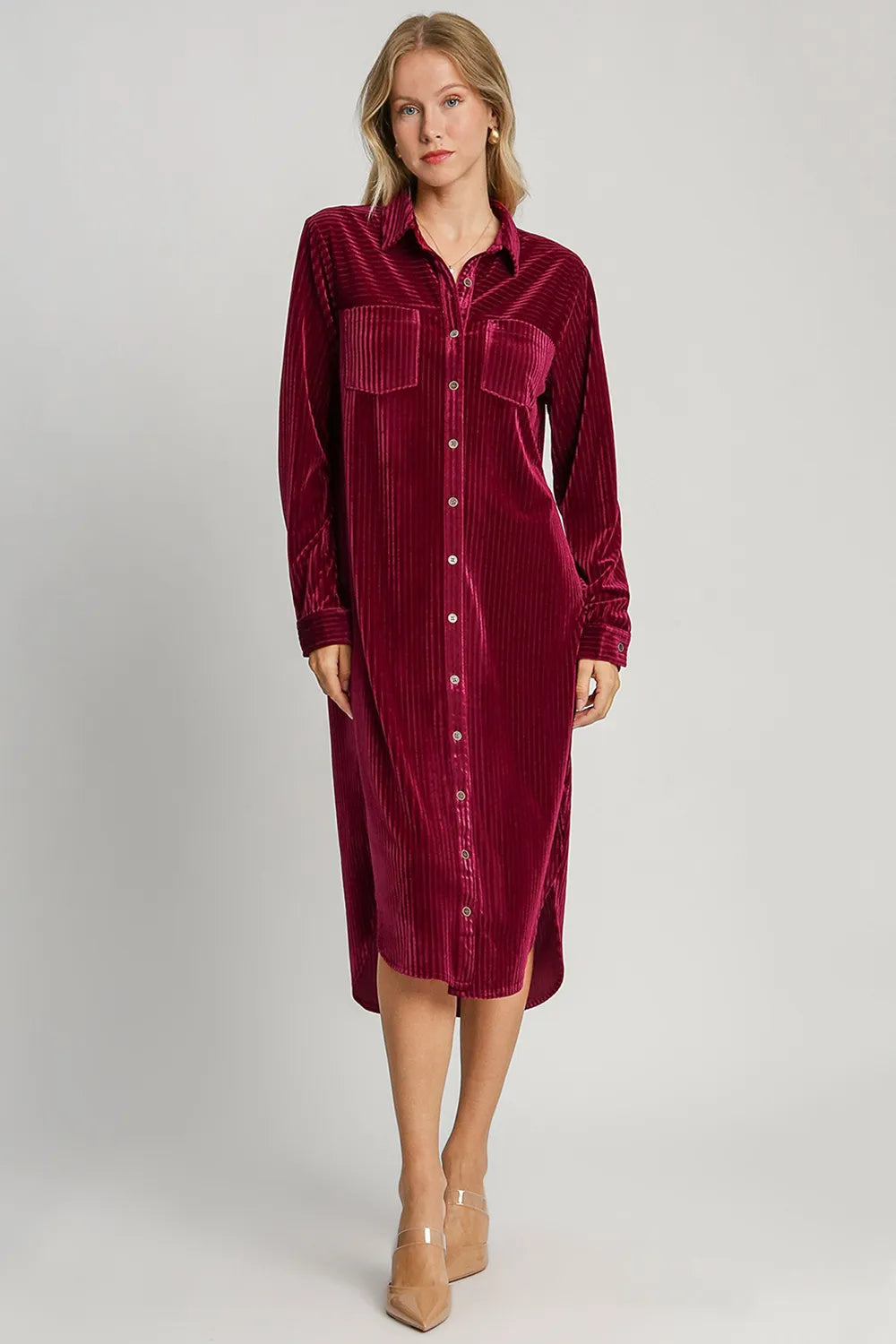 Umgee Texture Curved Hem Button Down Shirt Dress Burgundy Midi Dresses