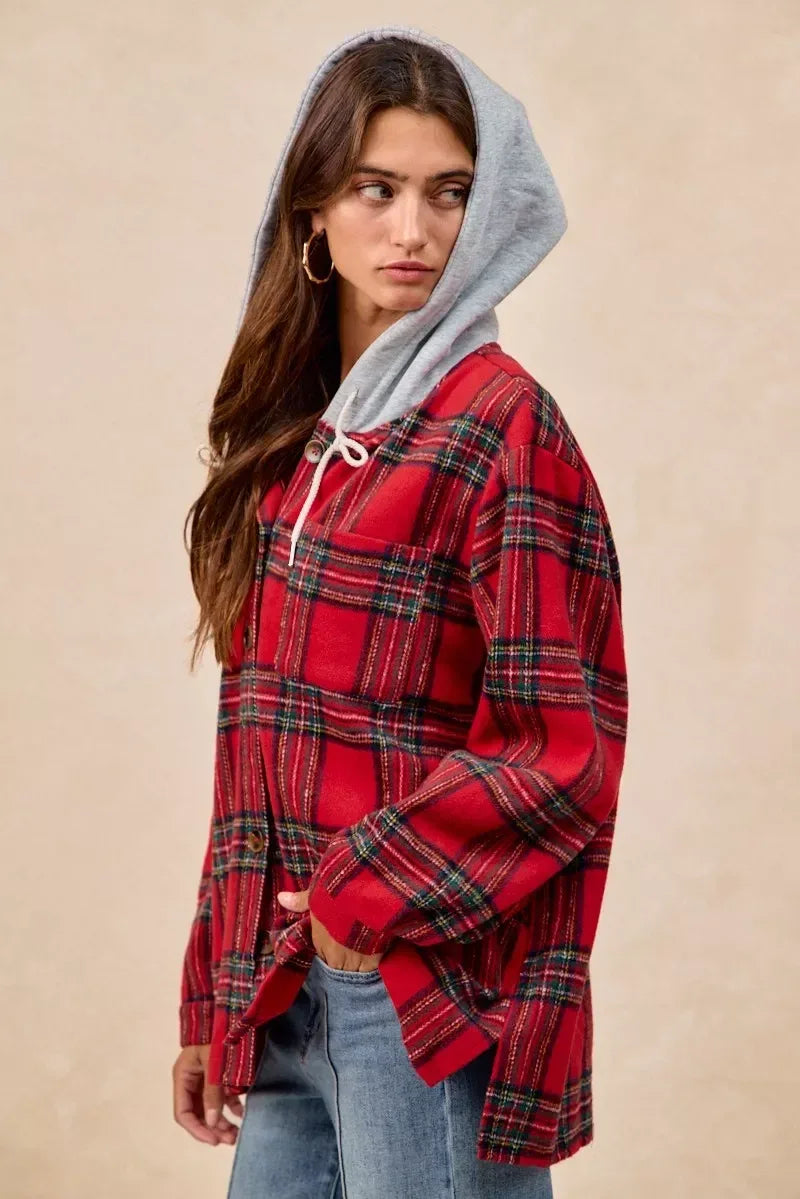 BiBi Brushed Plaid Hooded Jacket - DAVERRI FASHIONS