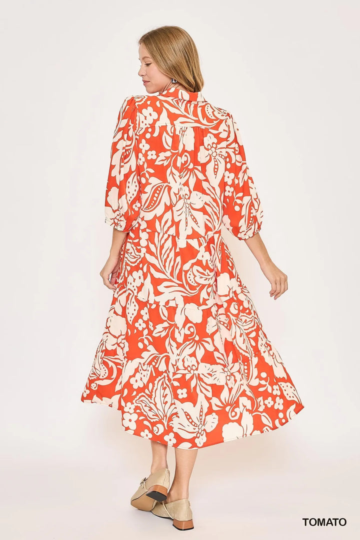 Umgee Floral Print Tiered Midi Dress Midi Dresses