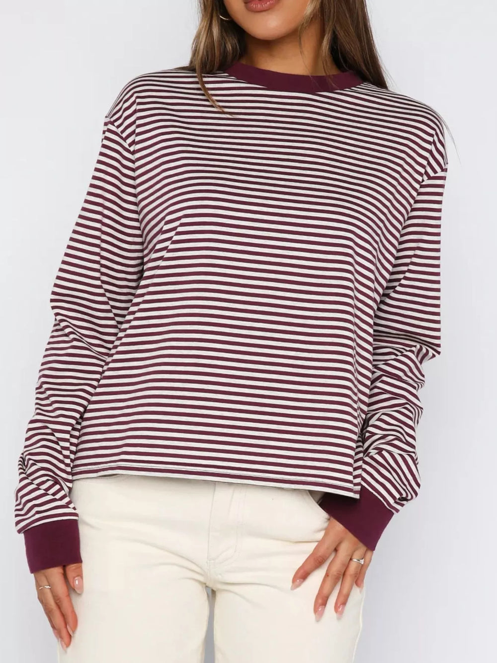 Burgundy Striped Oversized Round Neck Sweatshirt | Sweatshirts Daverri Fashions