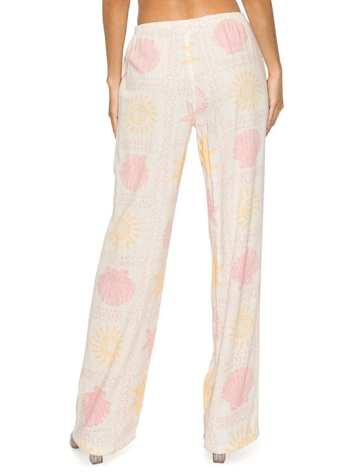 Pastel pink and yellow seashell printed drawstring straight pants
