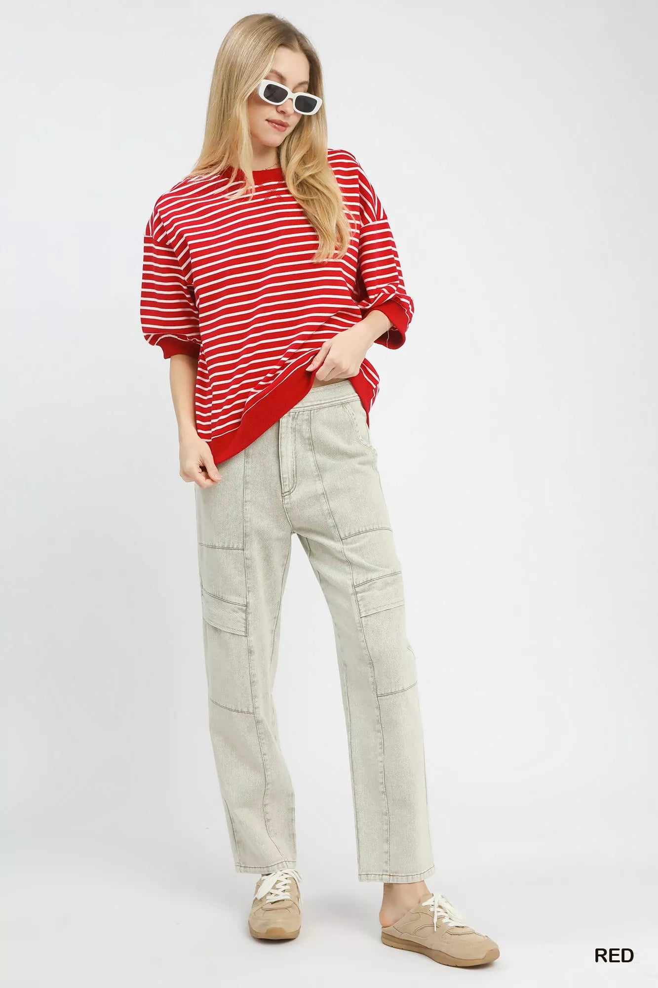 Red and white striped oversized Umgee short sleeve pullover sweater