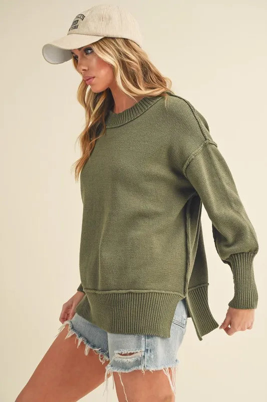 Aemi+Co Ribbed Hem Side Slit Round Neck Sweater