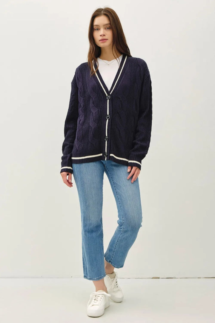 Be Cool Contrast Trim Cable-Knit V-Neck Cardigan Cardigans