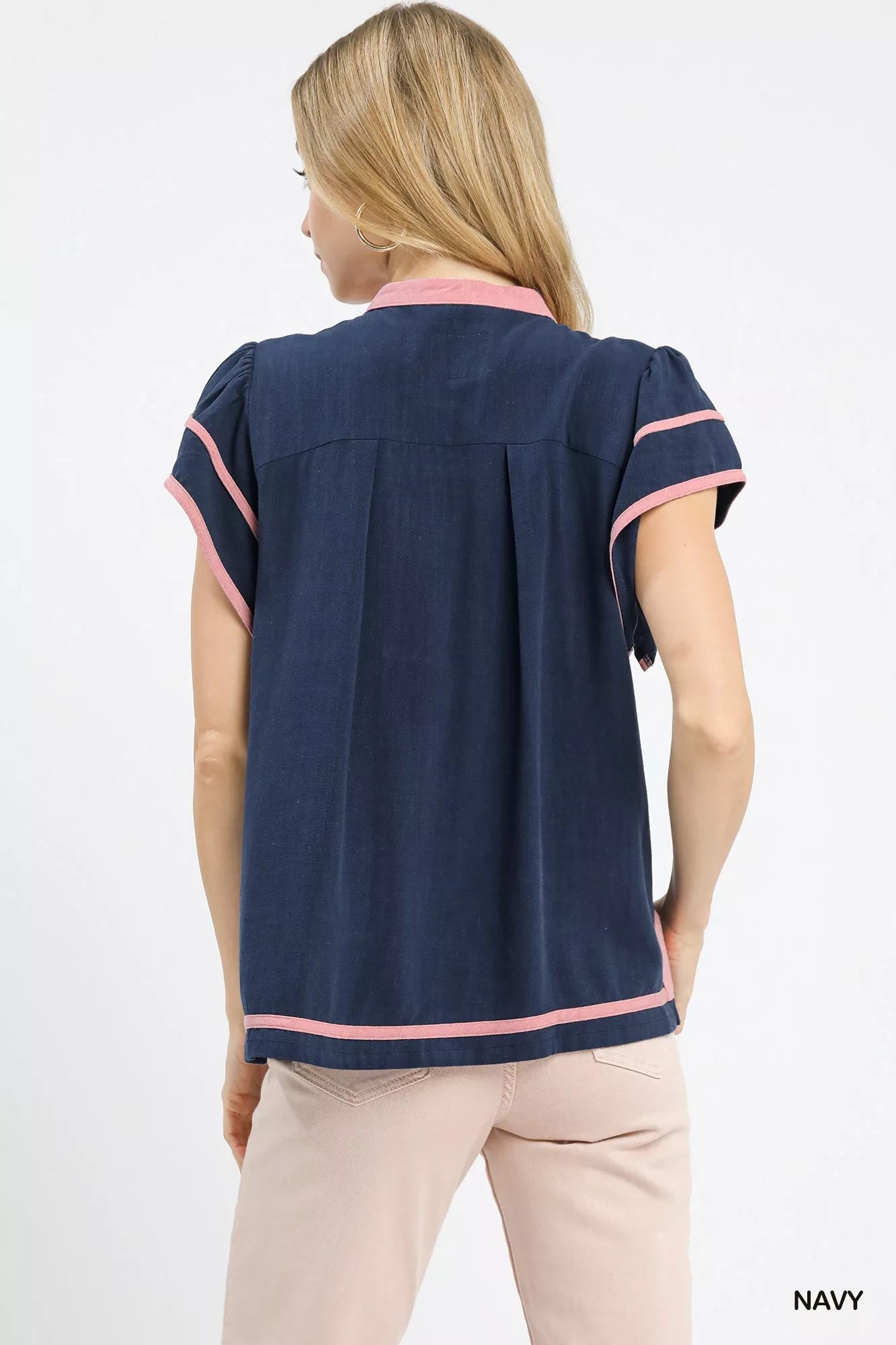 Navy blue Umgee linen ruffle sleeve top with pink trim