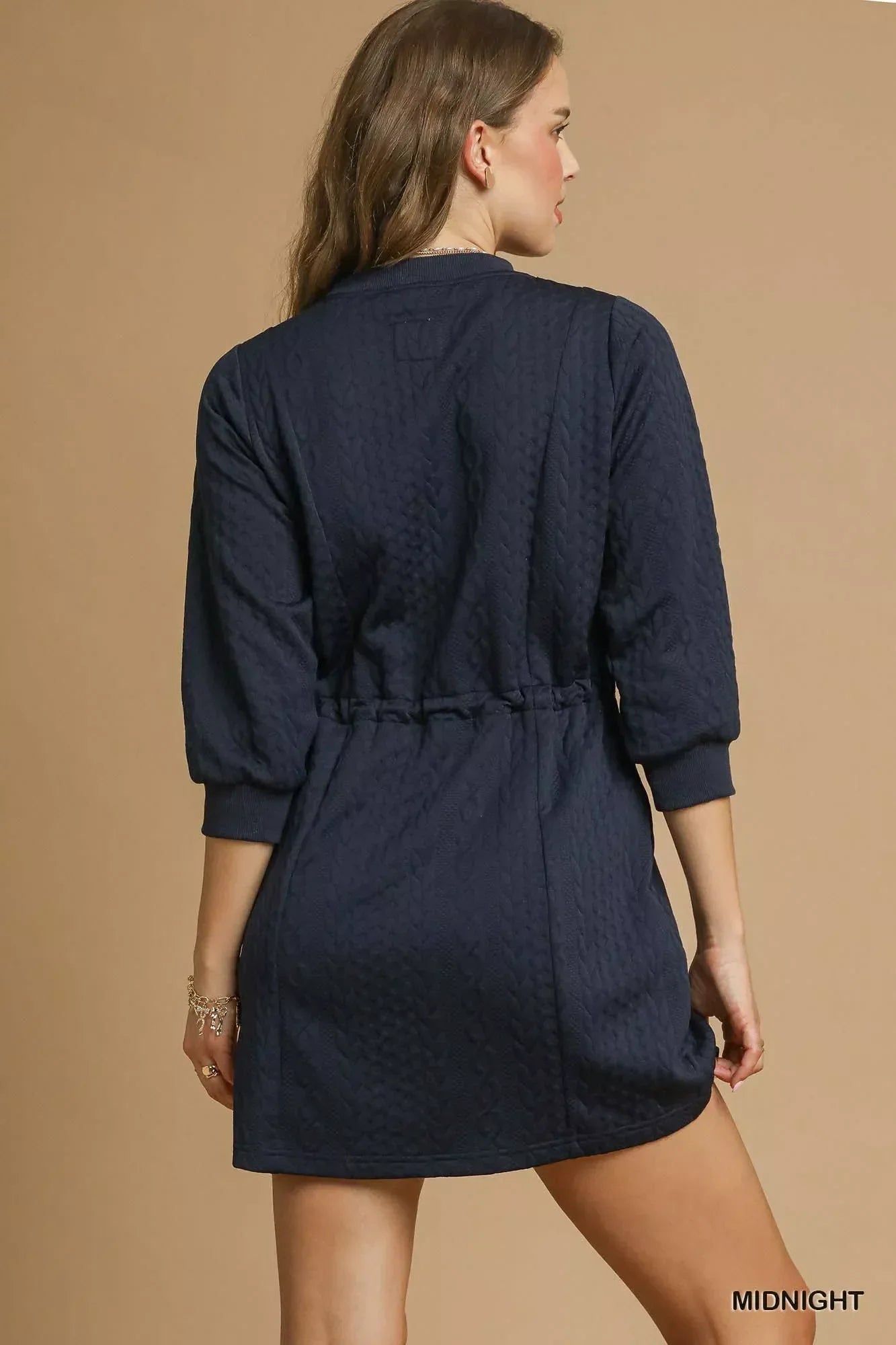 Umgee Drawstring Cable Knit Mini Dress with Pockets - DAVERRI FASHIONS