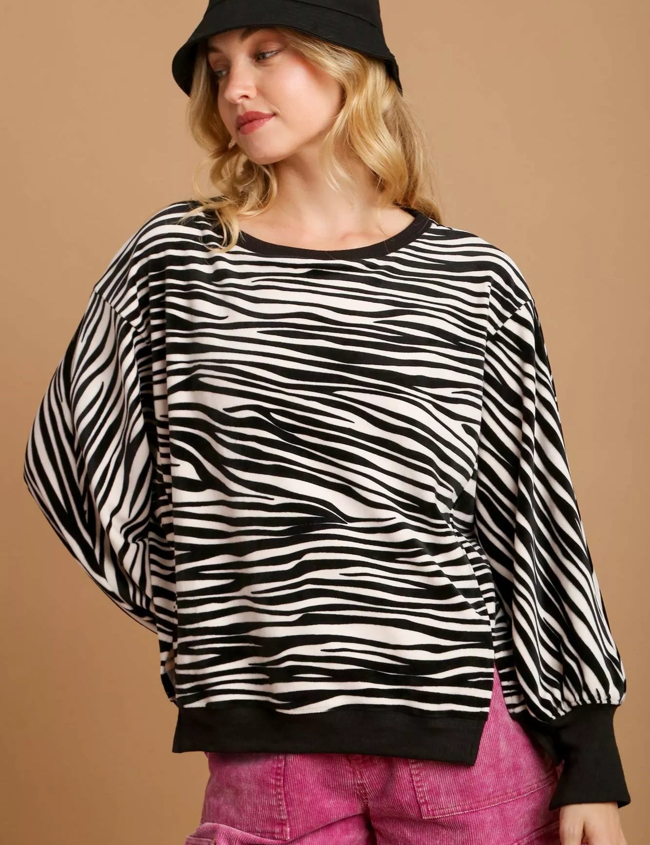 ZEBRA Umgee Zebra Striped Fleece Pullover Sweater Shirt | Sweaters Daverri Fashions