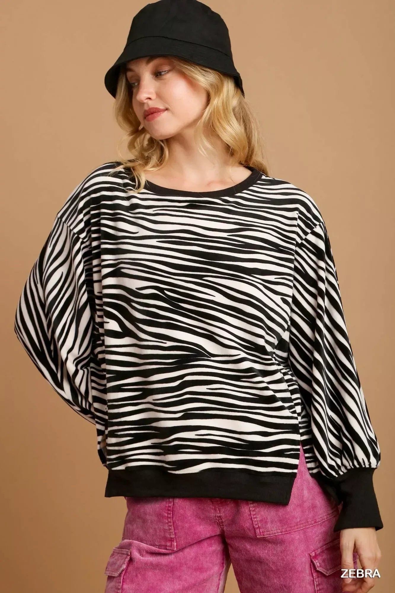 Umgee Zebra Striped Fleece Pullover Sweater Shirt - DAVERRI FASHIONS