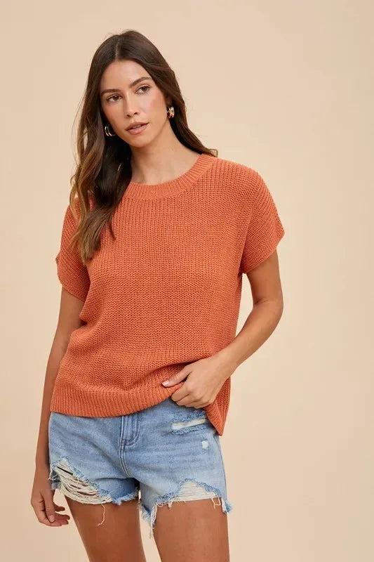 Annie Wear Round Neck Short Sleeve Sweater Terracota - DAVERRI FASHIONS
