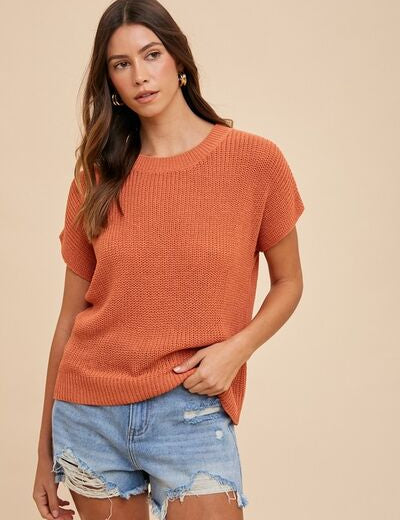 Annie Wear Round Neck Short Sleeve Sweater Terracotta S