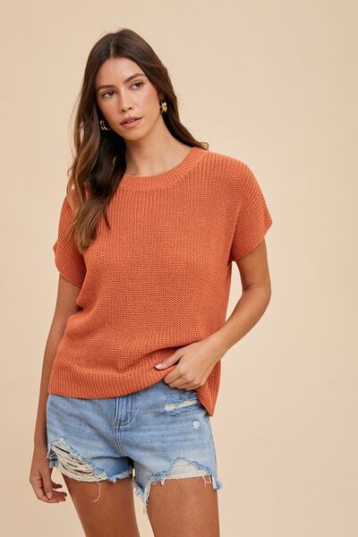 Annie Wear Round Neck Short Sleeve Sweater Terracotta S