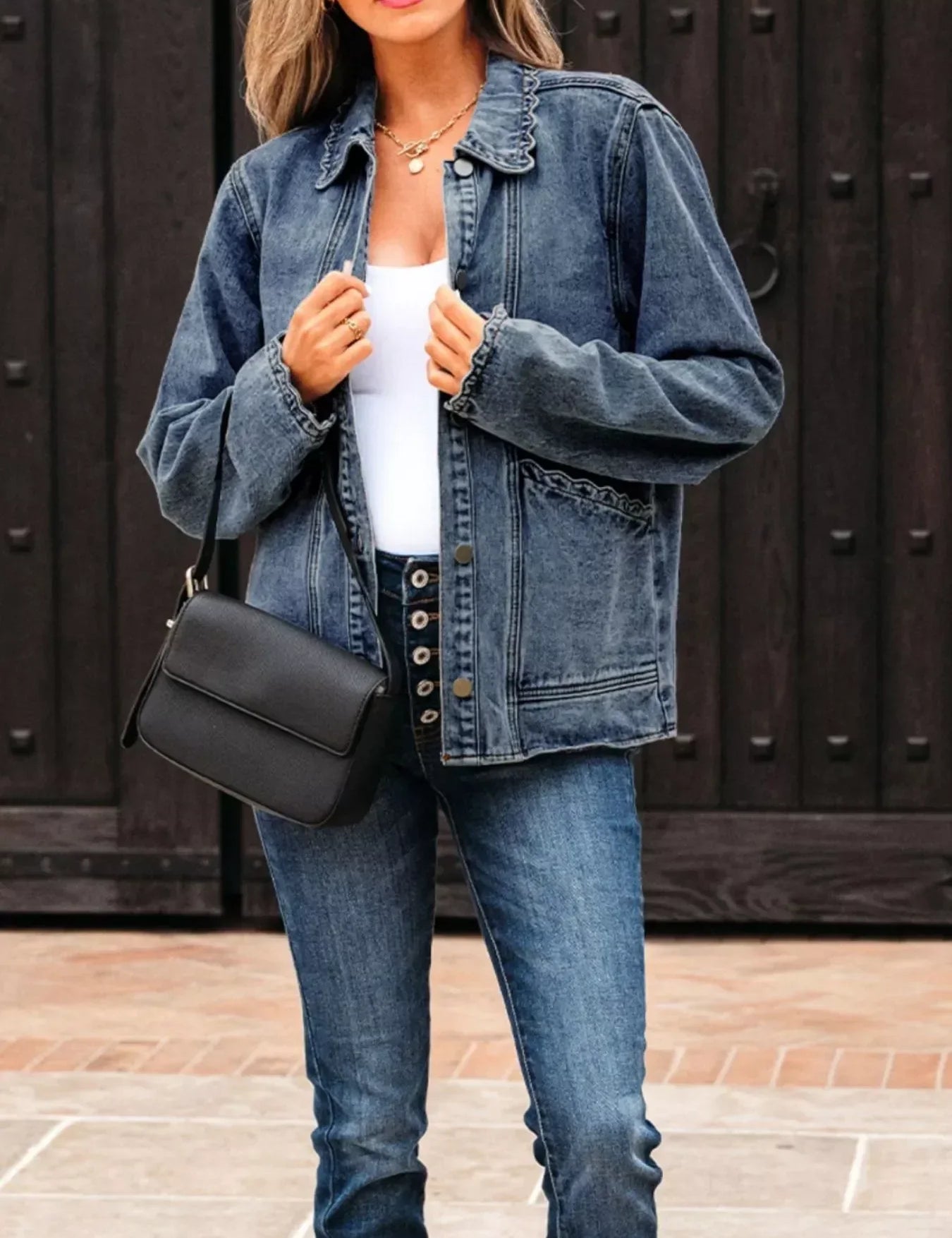 Scallop Trim Collar Patched Pocket Button Up Denim Jacket - DAVERRI FASHIONS