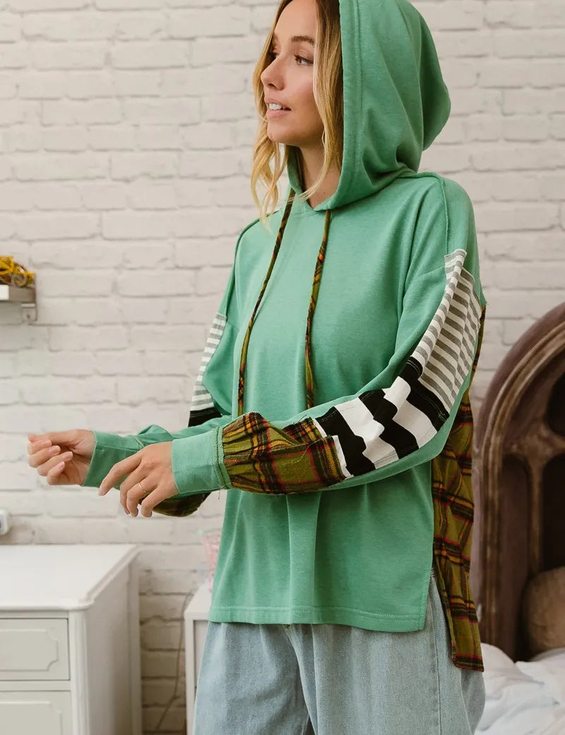 BiBi Plaid With Stripes Mix Match French Terry Hoodie | Hoodies Daverri Fashions