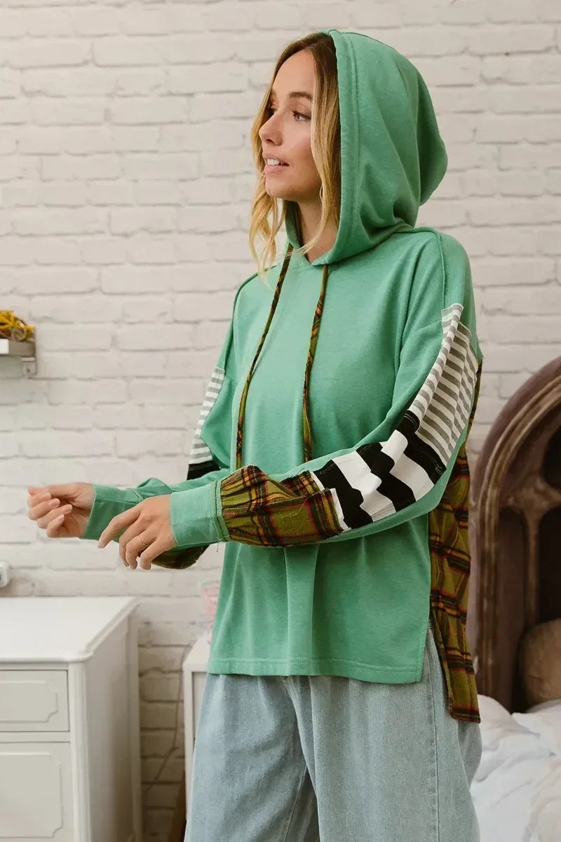 BiBi Plaid With Stripes Mix Match French Terry Hoodie - DAVERRI FASHIONS
