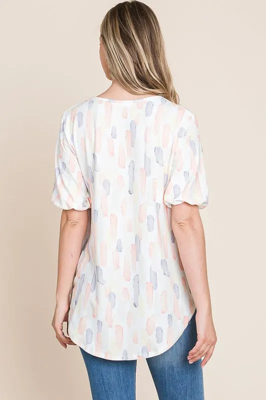 BOMBOM Round Neck Puff Short Sleeve Blouse