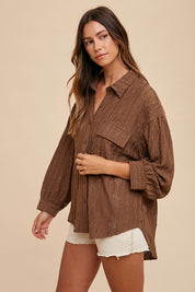 Annie Wear Openwork Button Down Drop Shoulder Shirt Tops