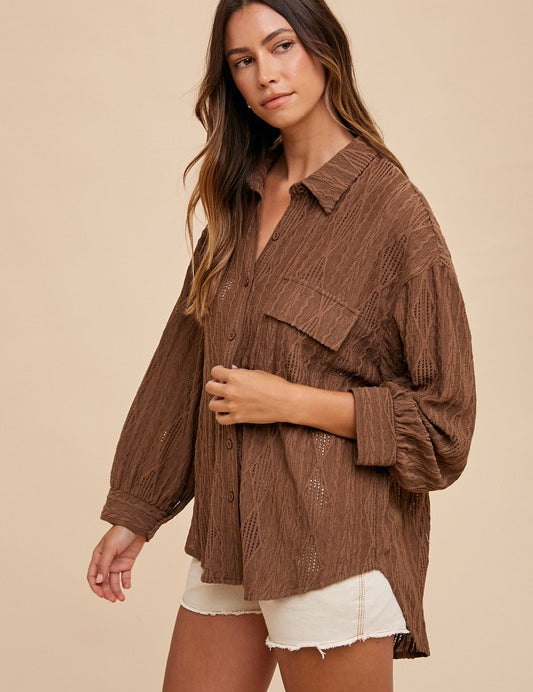 Annie Wear Openwork Button Down Drop Shoulder Shirt Tops