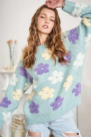 ADORA Floral Popped 2-Tone Sweater Top | Sweaters Daverri Fashions