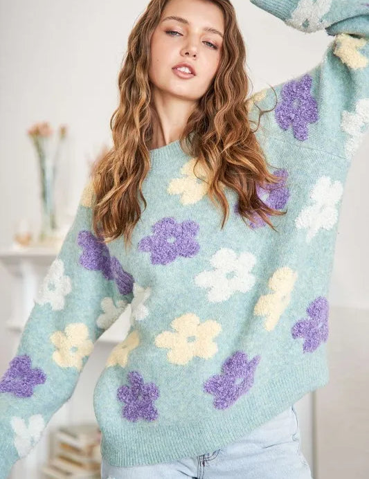 ADORA Floral Popped 2-Tone Sweater Top | Sweaters Daverri Fashions