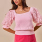 SO ME rosette sleeves square neck pink knit sweater top