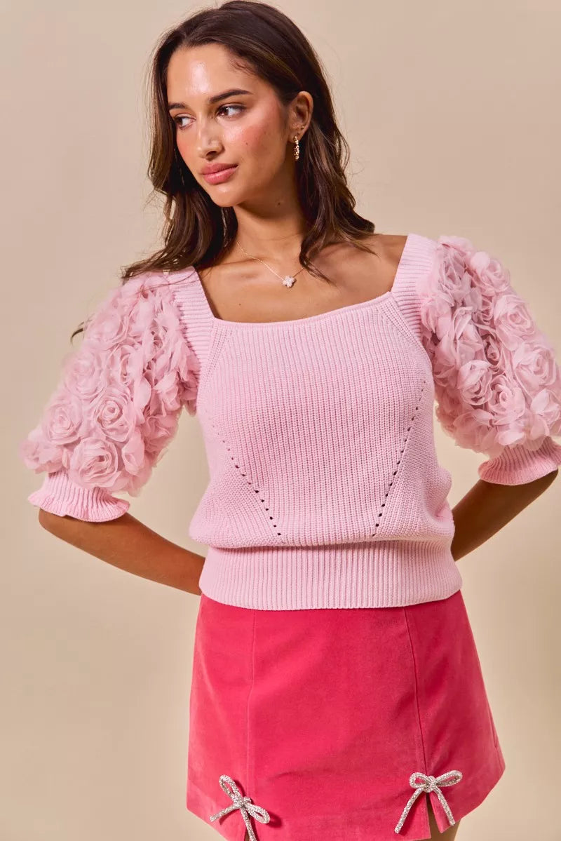 SO ME rosette sleeves square neck pink knit sweater top