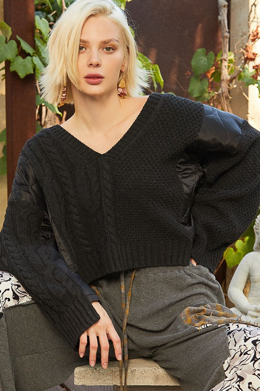 POL Cable Knit Quilting Patch V-Neck Sweater Black