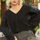 POL Cable Knit Quilting Patch V-Neck Sweater Black Sweaters