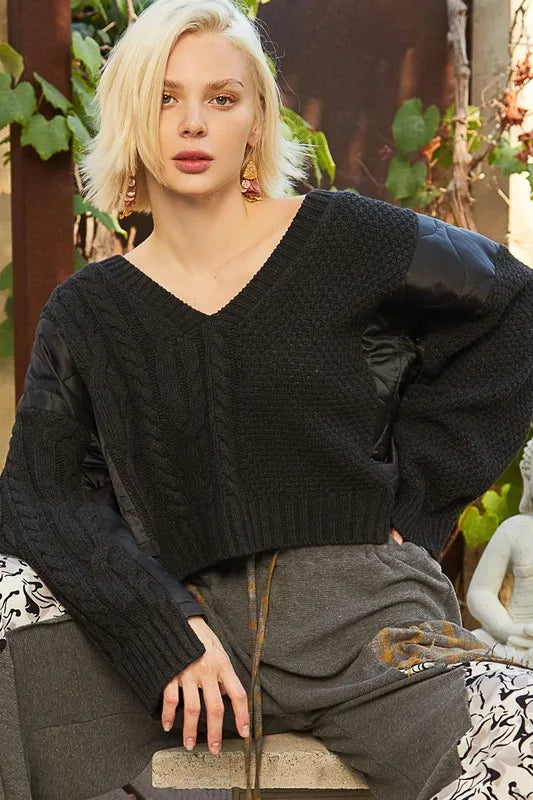 POL Cable Knit Quilting Patch V-Neck Sweater Black Sweaters
